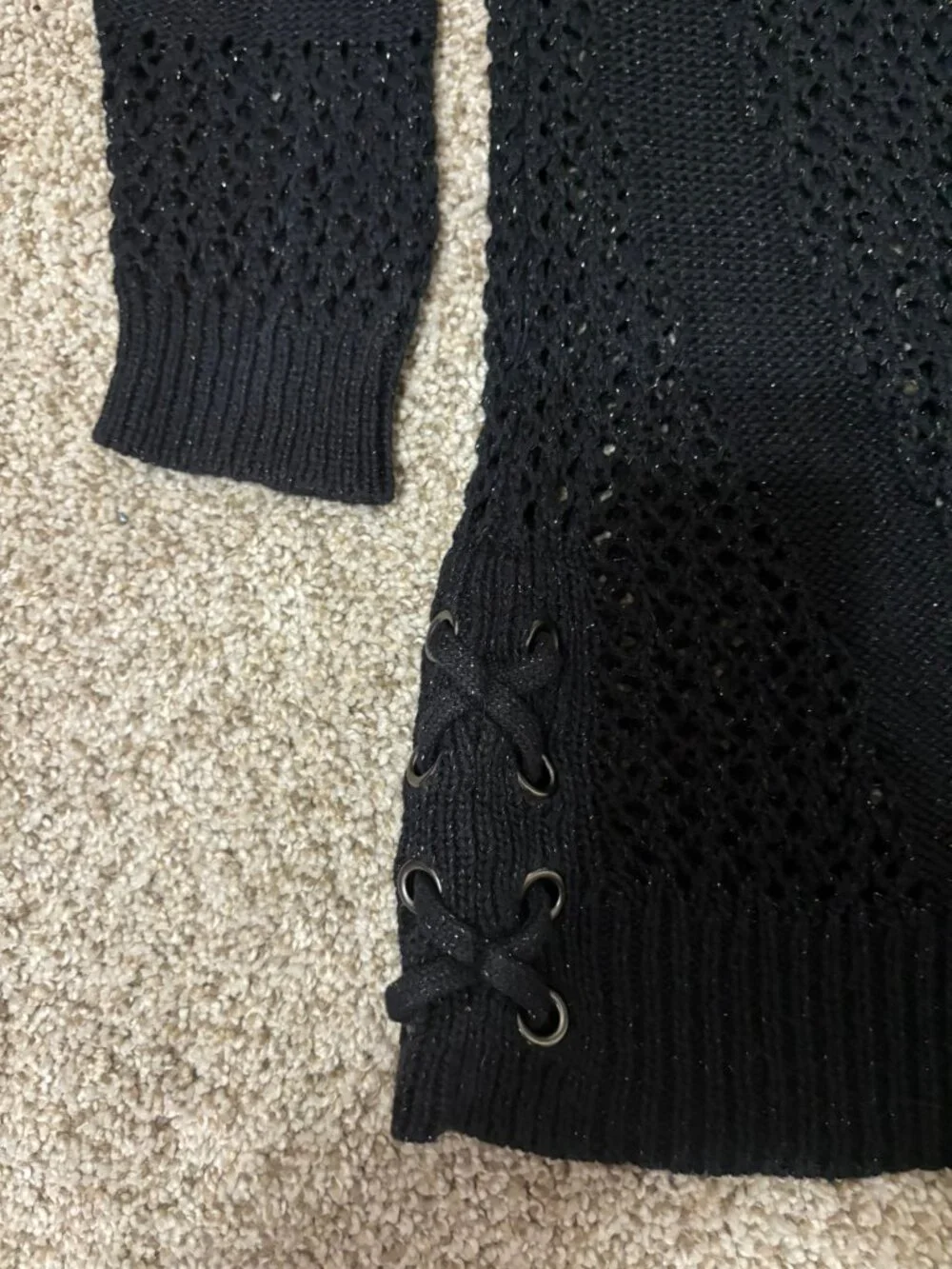 Justice Girls Open Front Cardigan Sweater Size 8 Black Crochet Lace Up Detail